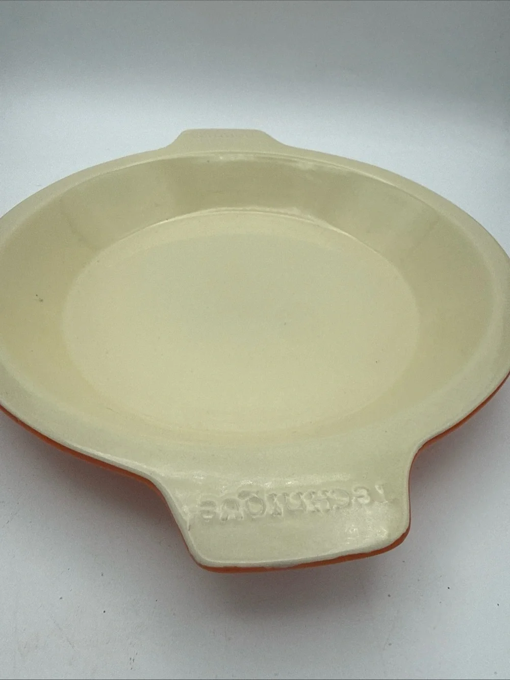 VTG QVC Technique Ceramic Orange/ Cream 10” Pie Plate w/ First One Out Lifter